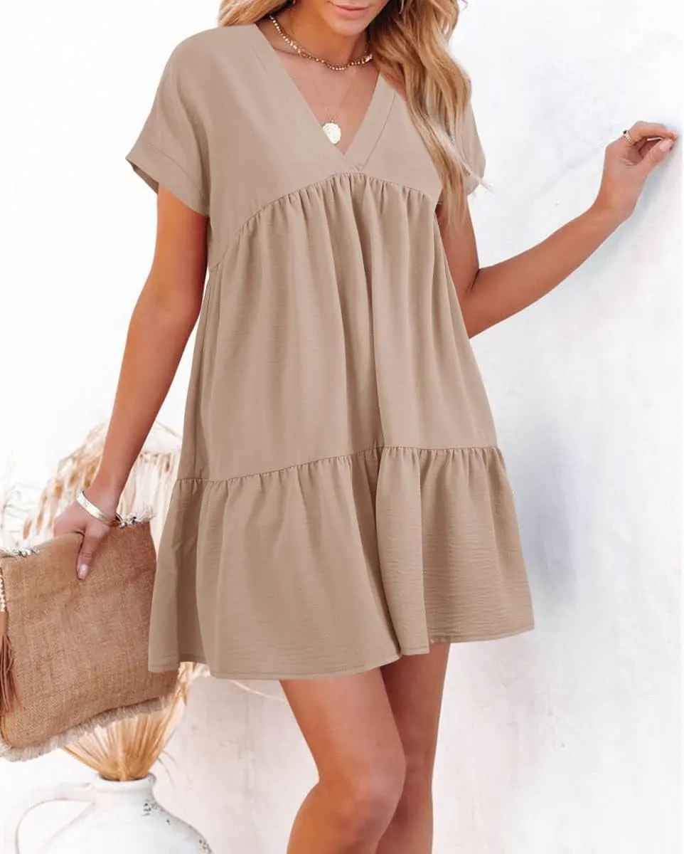 Lueluoye Women V Neck Flowy Babydoll Dresses 2025 Summer Short Sleeve Swing Shift Loose Casual Summer Mini Tunic Dress