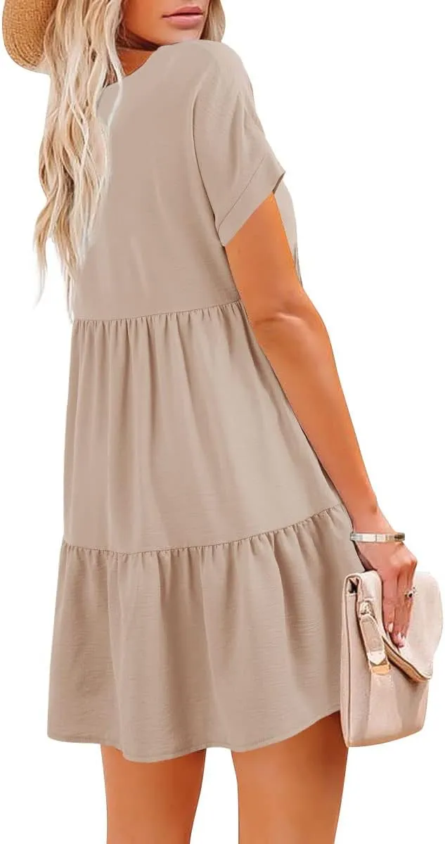 Lueluoye Women V Neck Flowy Babydoll Dresses 2025 Summer Short Sleeve Swing Shift Loose Casual Summer Mini Tunic Dress
