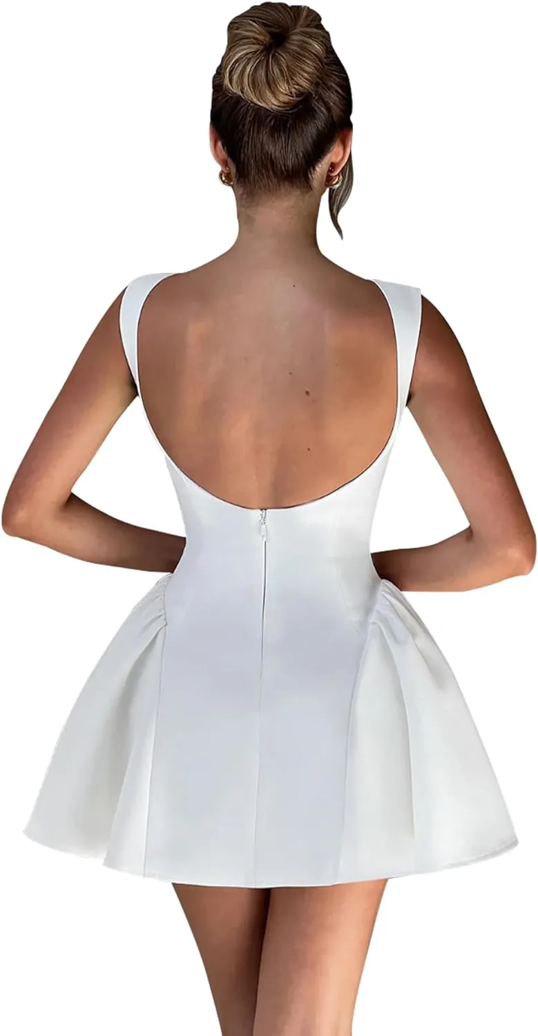 LuFeng Women's Sexy Backless Sleeveless Scoop Back Puffy Ruched A Line Tank Mini Dress Cocktail Formal Dress