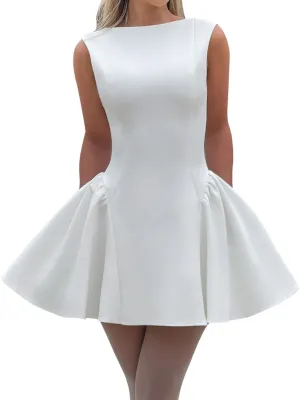 LuFeng Women's Sexy Backless Sleeveless Scoop Back Puffy Ruched A Line Tank Mini Dress Cocktail Formal Dress