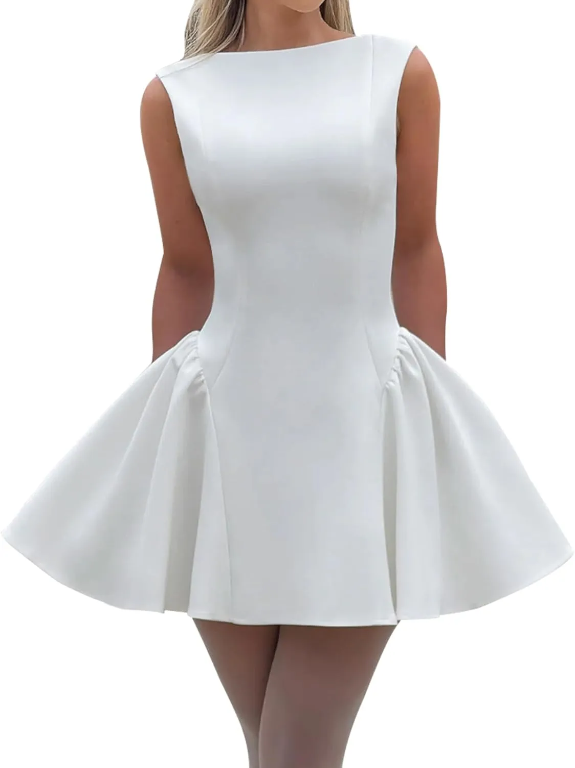 LuFeng Women's Sexy Backless Sleeveless Scoop Back Puffy Ruched A Line Tank Mini Dress Cocktail Formal Dress