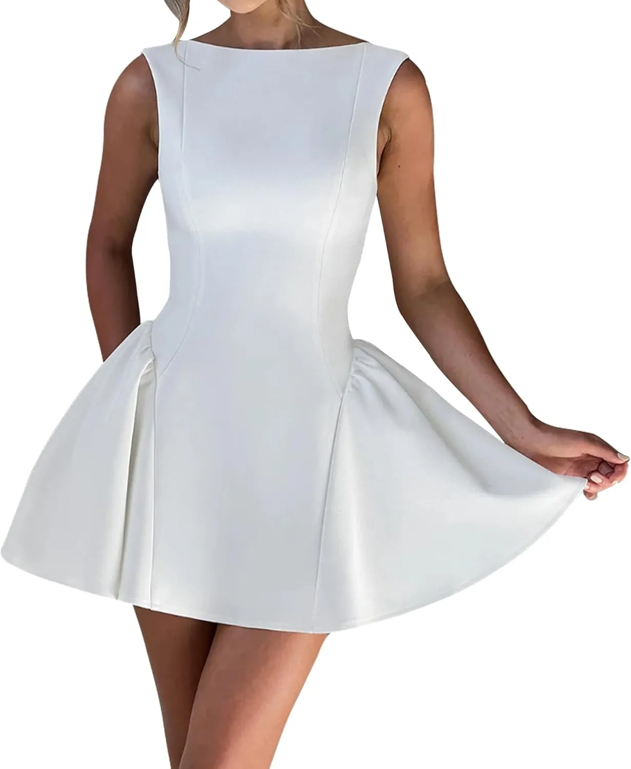 LuFeng Women's Sexy Backless Sleeveless Scoop Back Puffy Ruched A Line Tank Mini Dress Cocktail Formal Dress