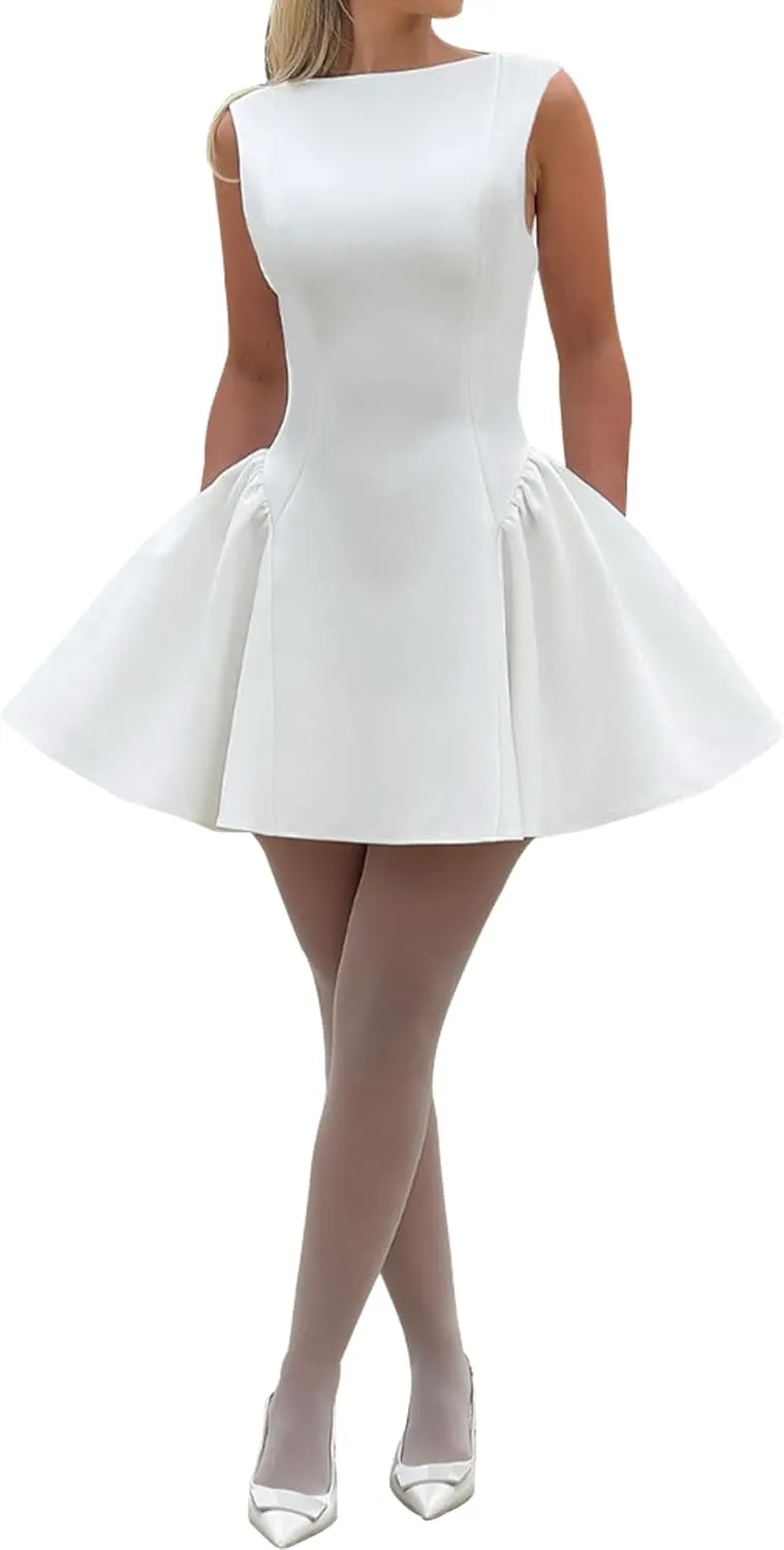 LuFeng Women's Sexy Backless Sleeveless Scoop Back Puffy Ruched A Line Tank Mini Dress Cocktail Formal Dress
