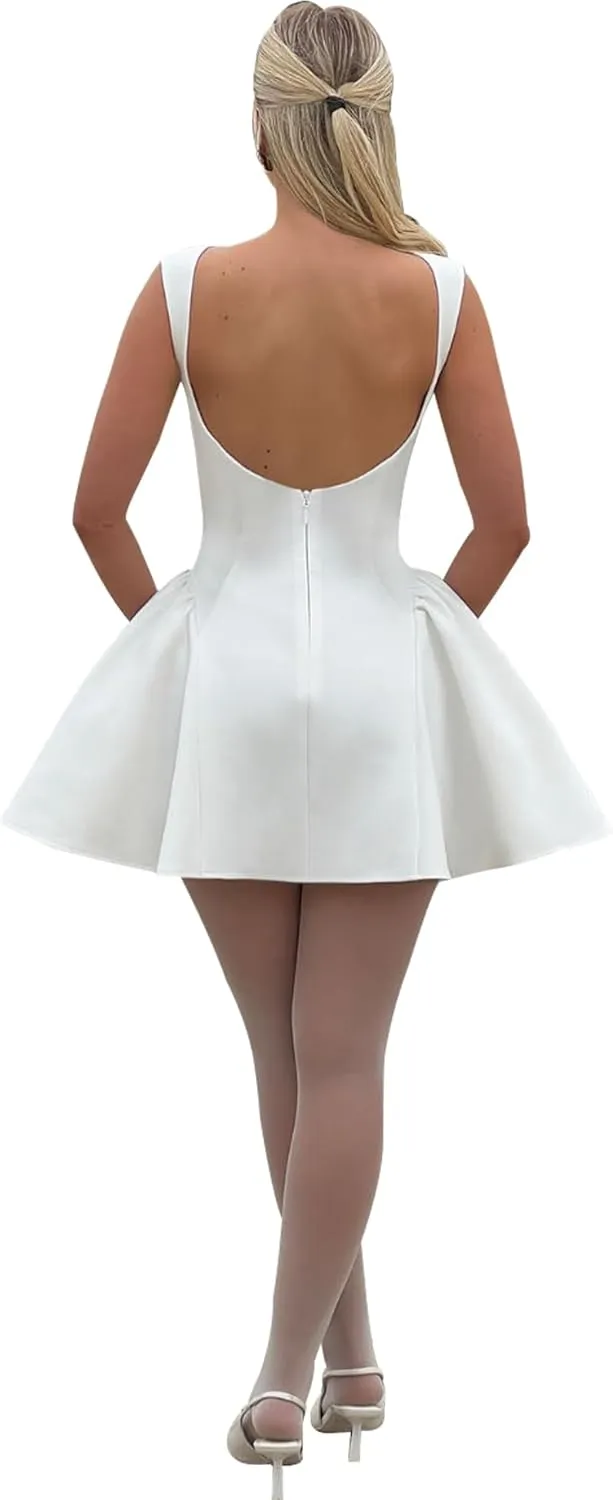 LuFeng Women's Sexy Backless Sleeveless Scoop Back Puffy Ruched A Line Tank Mini Dress Cocktail Formal Dress