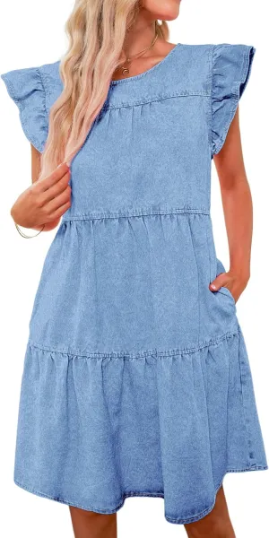 luvamia 2025 Denim Dress for Women Summer Babydoll Sleeveless Ruffle Sleeve Mini Dresses Loose Flowy Swing Pleated Dress
