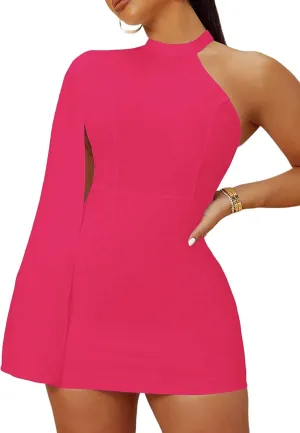 LYANER Women's One Shoulder Cloak Long Sleeve Bodycon Sexy Party Club Mini Dress