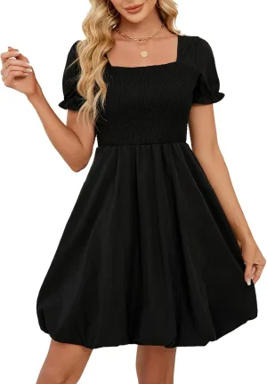 Lyrur Women's Summer Bubble Dresses 2025 Trendy Casual Short Sleeves Square Neck Cute Aline Tiered Sundresses with Pockets