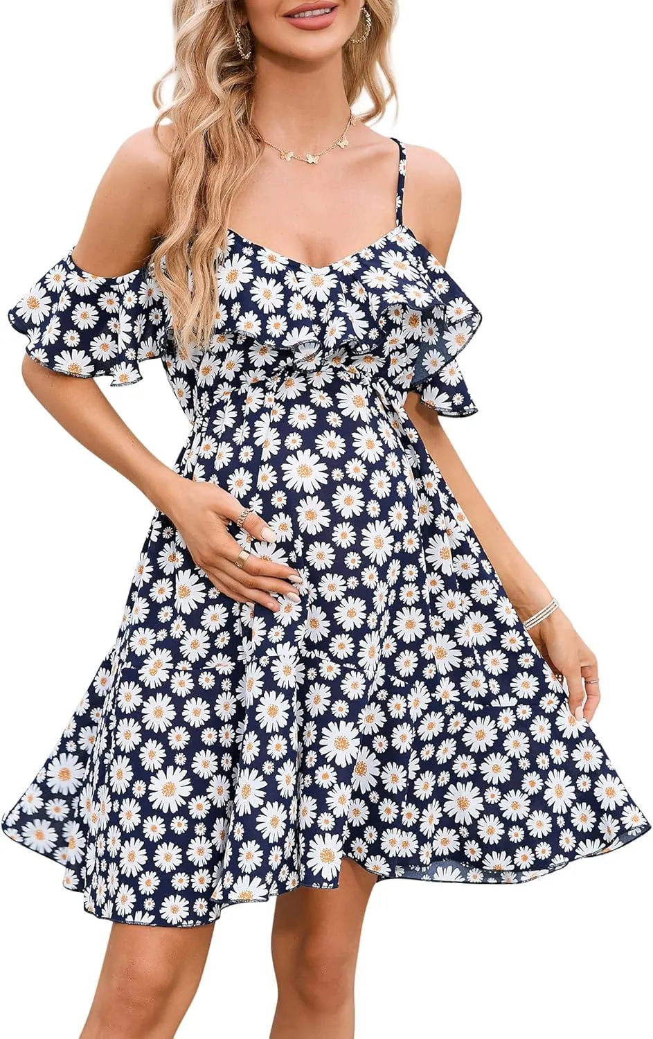 Maternity Nursing Dress Womens V-Neck Spaghetti Strap Ruffle Sleeve Daisy Printed A-Line Tiered Flowy Swing Dress