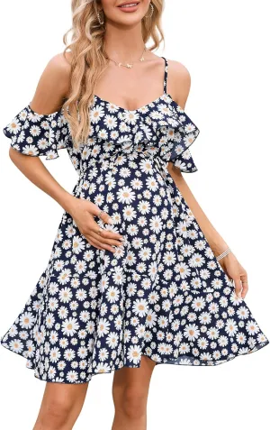 Maternity Nursing Dress Womens V-Neck Spaghetti Strap Ruffle Sleeve Daisy Printed A-Line Tiered Flowy Swing Dress