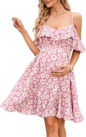 Maternity Nursing Dress Womens V-Neck Spaghetti Strap Ruffle Sleeve Daisy Printed A-Line Tiered Flowy Swing Dress