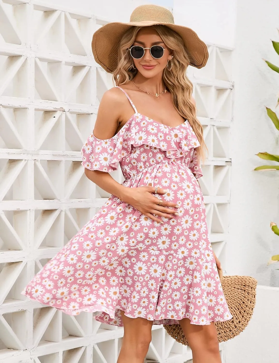 Maternity Nursing Dress Womens V-Neck Spaghetti Strap Ruffle Sleeve Daisy Printed A-Line Tiered Flowy Swing Dress