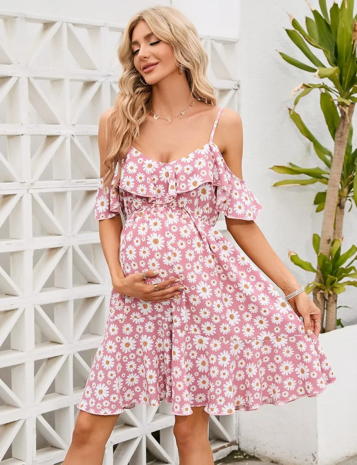 Maternity Nursing Dress Womens V-Neck Spaghetti Strap Ruffle Sleeve Daisy Printed A-Line Tiered Flowy Swing Dress