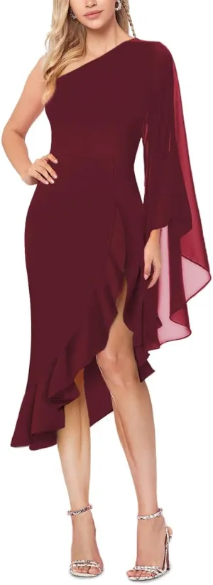 MAYFASEY Women's Sexy One Shoulder Dress Cape Sleeve Ruffle Hem High Split Bodycon Formal Cocktail Party Evening Dress