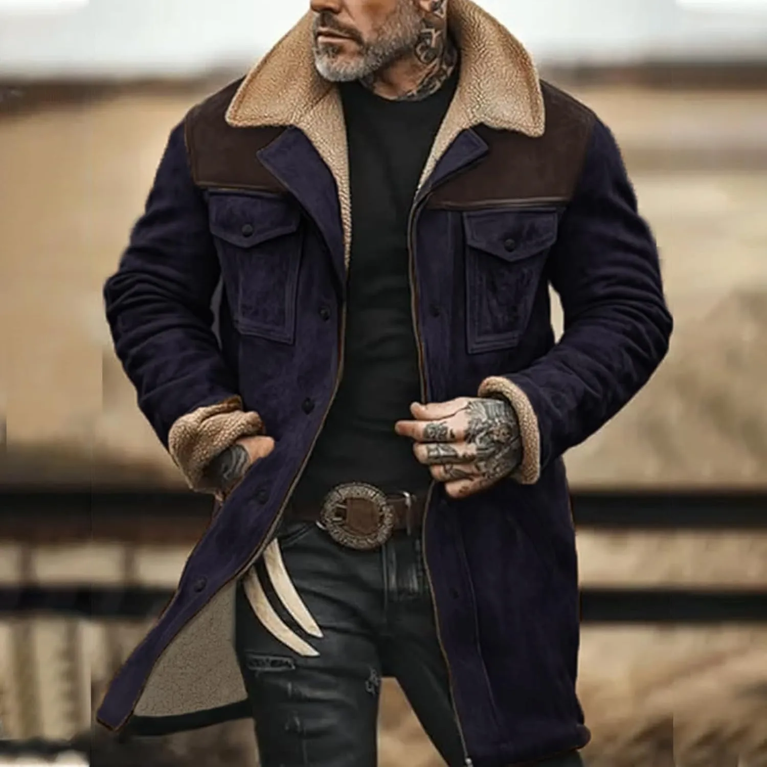 Men Vintage Suede Jacket Plush Collar Coats Faux Leather Jacket Men Zip Up Motorcycle Jacket Coats Retro Tops