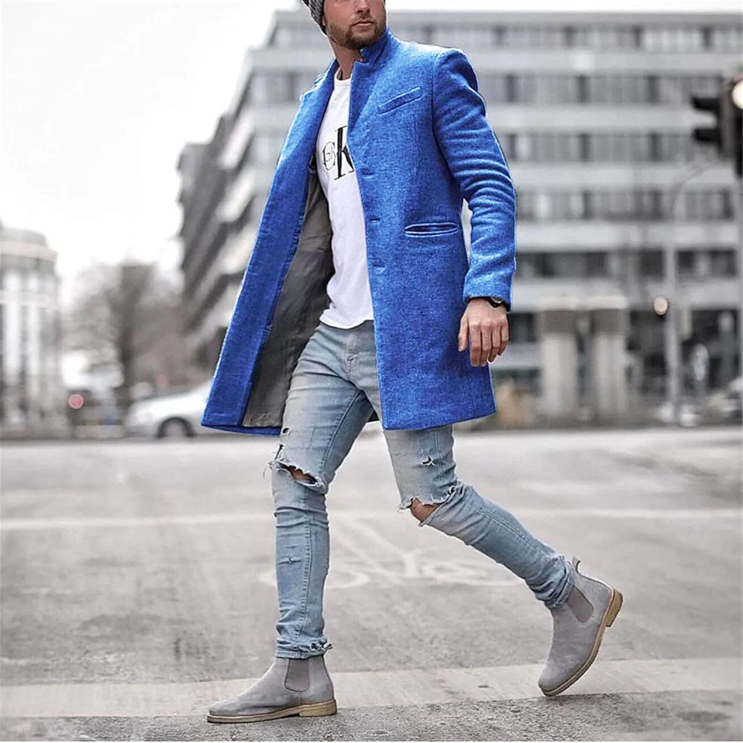 Men's Casual Color Block Trench Coat Slim Fit Notched Collar Long Jacket Overcoat Single Breasted Peacoat wih Pocket