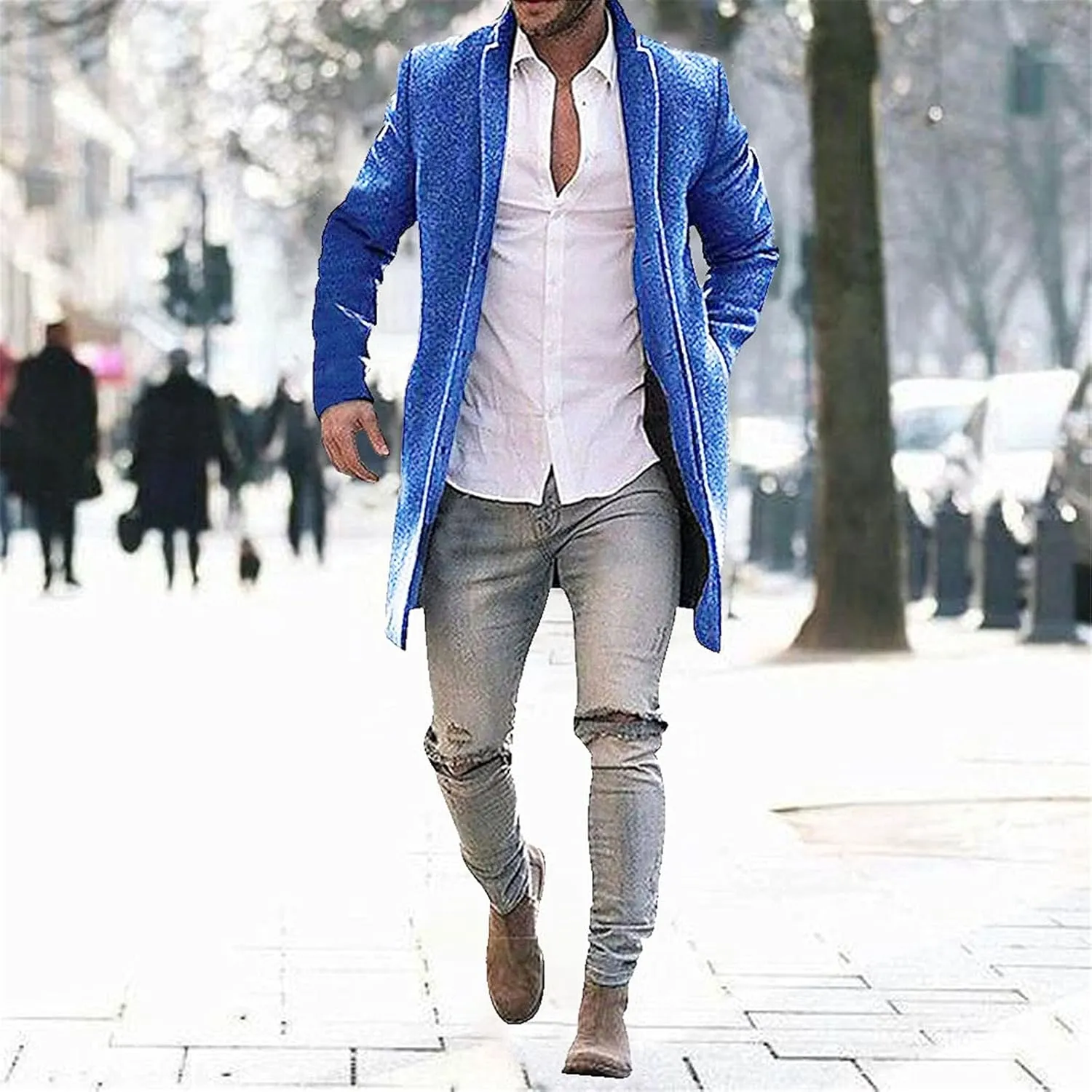 Men's Casual Color Block Trench Coat Slim Fit Notched Collar Long Jacket Overcoat Single Breasted Peacoat wih Pocket
