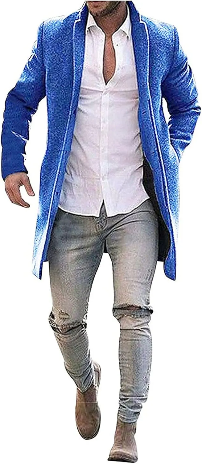 Men's Casual Color Block Trench Coat Slim Fit Notched Collar Long Jacket Overcoat Single Breasted Peacoat wih Pocket
