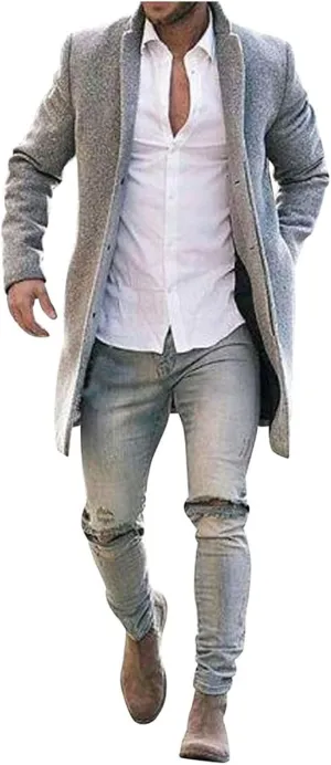 Men's Casual Color Block Trench Coat Slim Fit Notched Collar Long Jacket Overcoat Single Breasted Peacoat wih Pocket