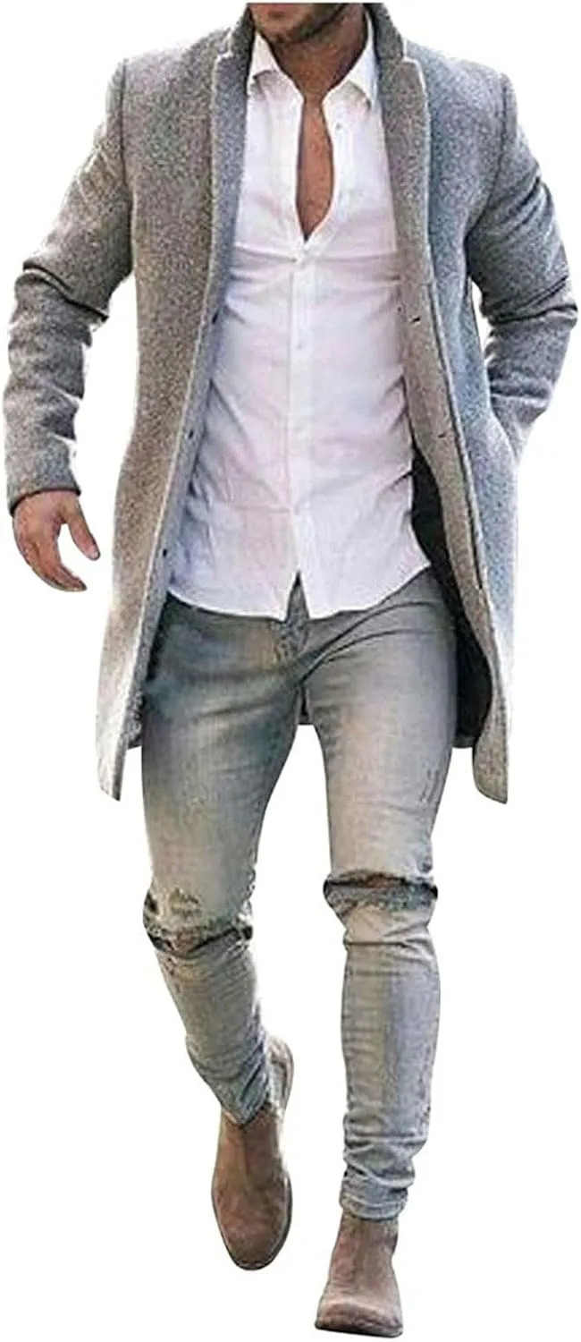 Men's Casual Color Block Trench Coat Slim Fit Notched Collar Long Jacket Overcoat Single Breasted Peacoat wih Pocket