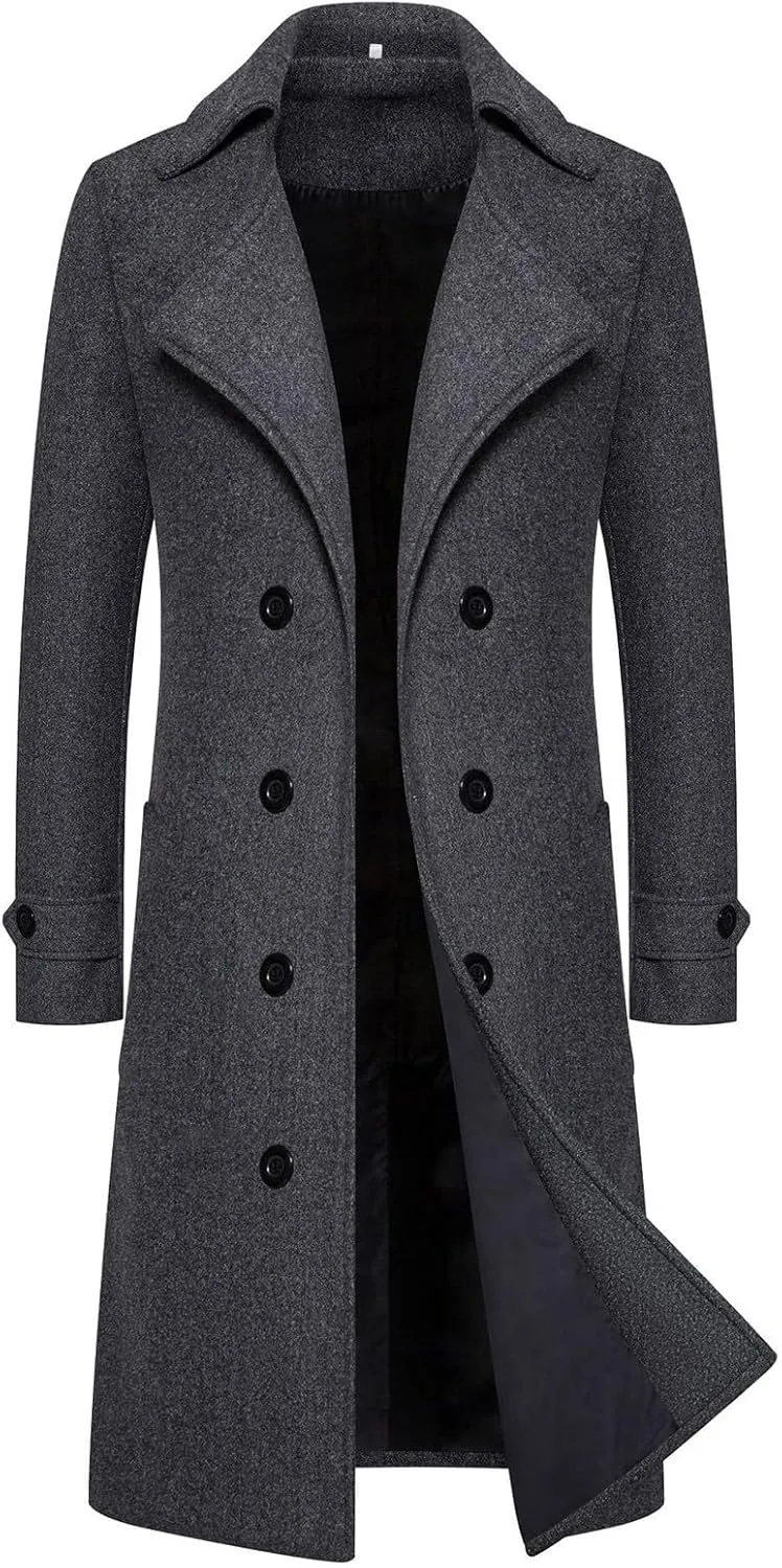 Men's Casual Slim Fit Long Jacket Trench Wool Blend Winter Overcoat with Pockets