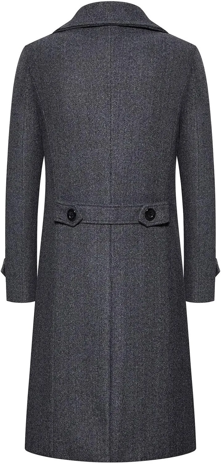 Men's Casual Slim Fit Long Jacket Trench Wool Blend Winter Overcoat with Pockets