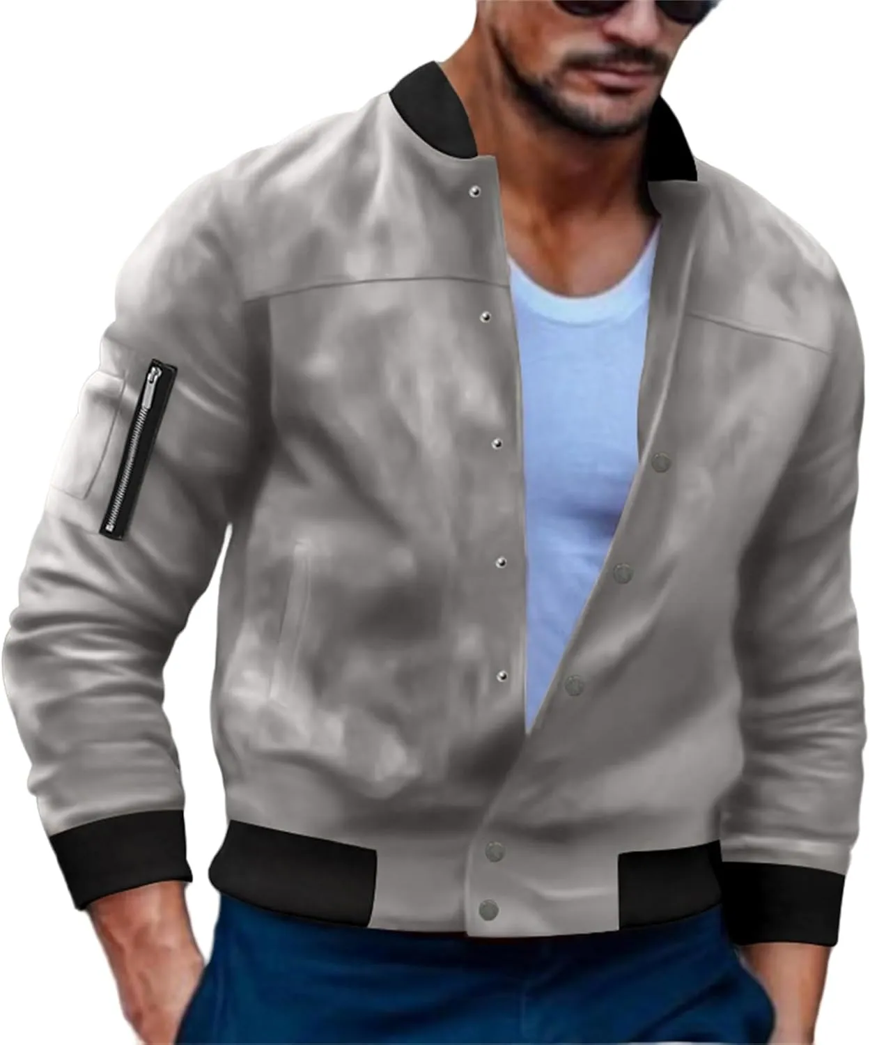 Men's Casual Suede Bomber Jacket Lightweight Snap Button Down Jackets Vintage Faux Leather Jacket for Men