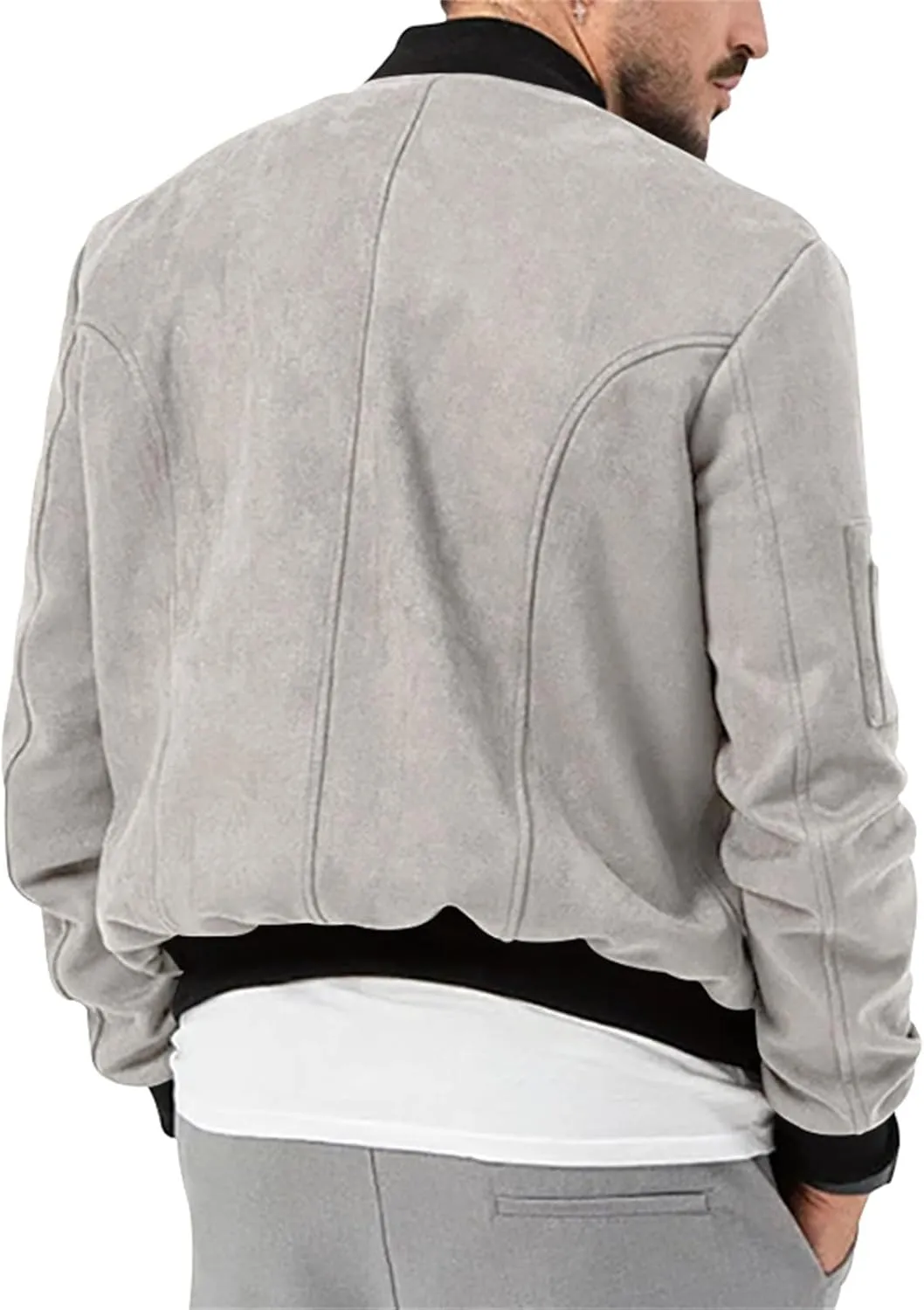 Men's Casual Suede Bomber Jacket Lightweight Snap Button Down Jackets Vintage Faux Leather Jacket for Men
