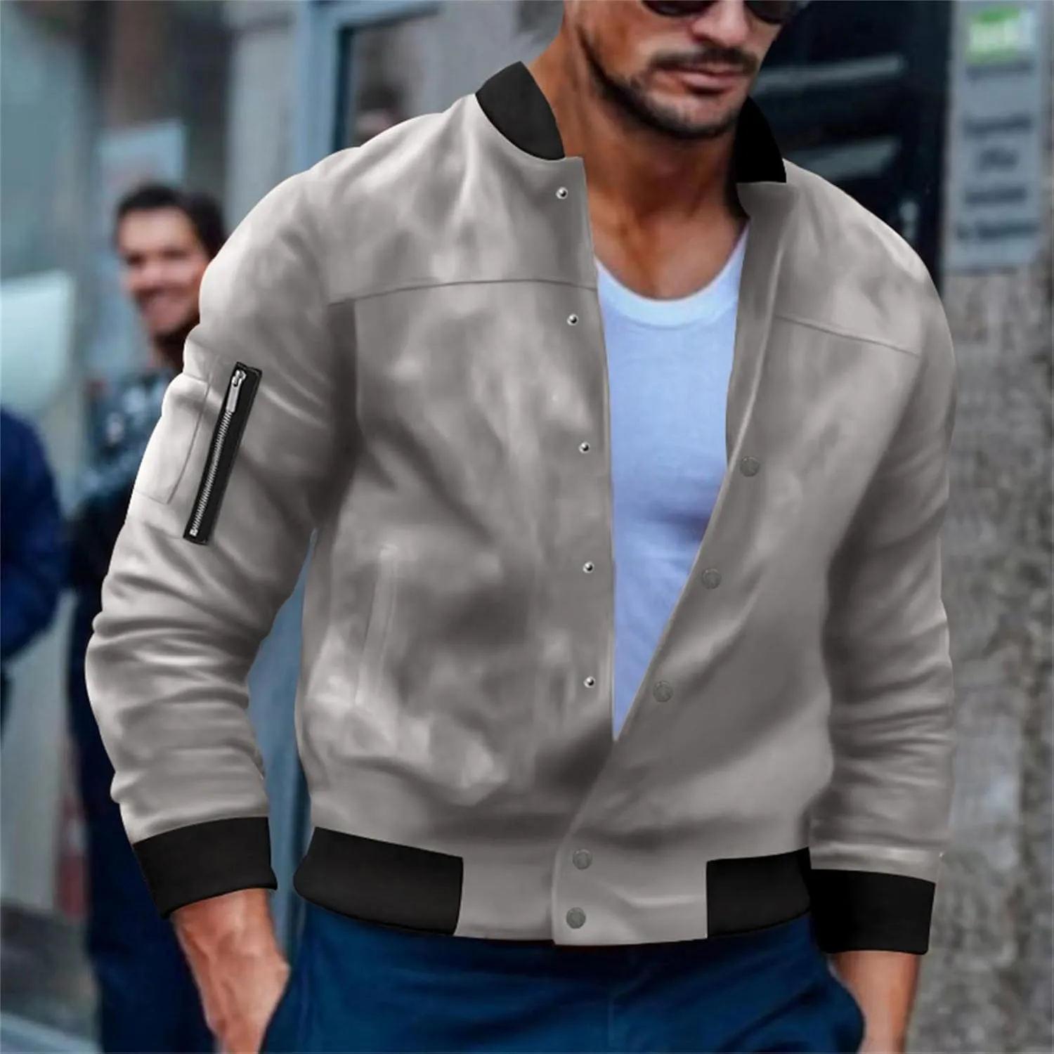 Men's Casual Suede Bomber Jacket Lightweight Snap Button Down Jackets Vintage Faux Leather Jacket for Men