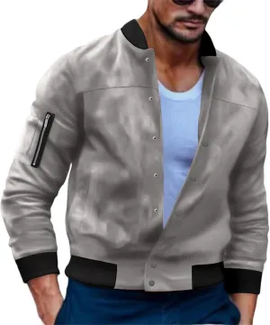 Men's Casual Suede Bomber Jacket Lightweight Snap Button Down Jackets Vintage Faux Leather Jacket for Men