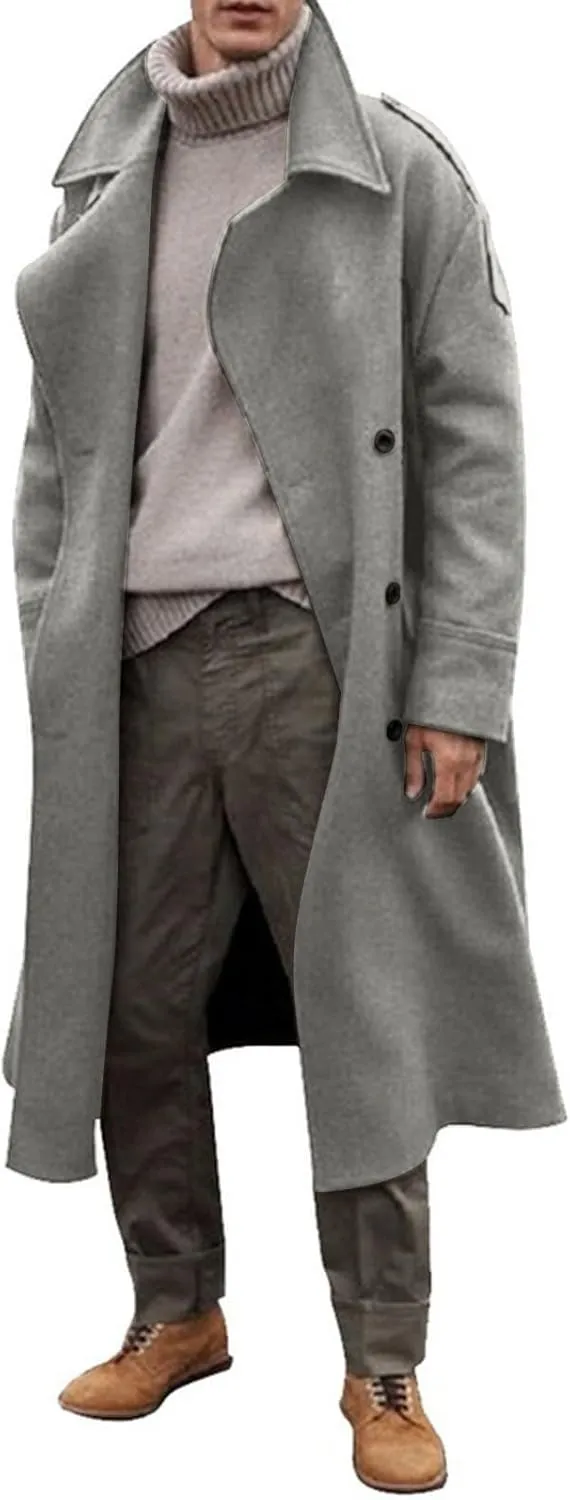 Men's Classic Slim Fit Long Jacket Warm Casual Single Breasted Overcoat with Pockets