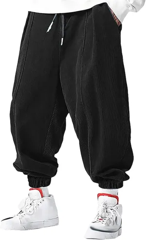 Mens Corduroy Harem Pants with Pocket Plain Tapered Pants Casual Loose Pants Baggy Streetwear Hip Hop Wide Leg Slacks