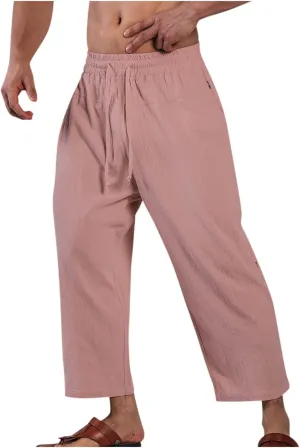 Mens Cotton Linen Drawstring Elastic Waist Casual Jogger Yoga Pants Slim Fit Lounge Cropped Pants Workout Pants