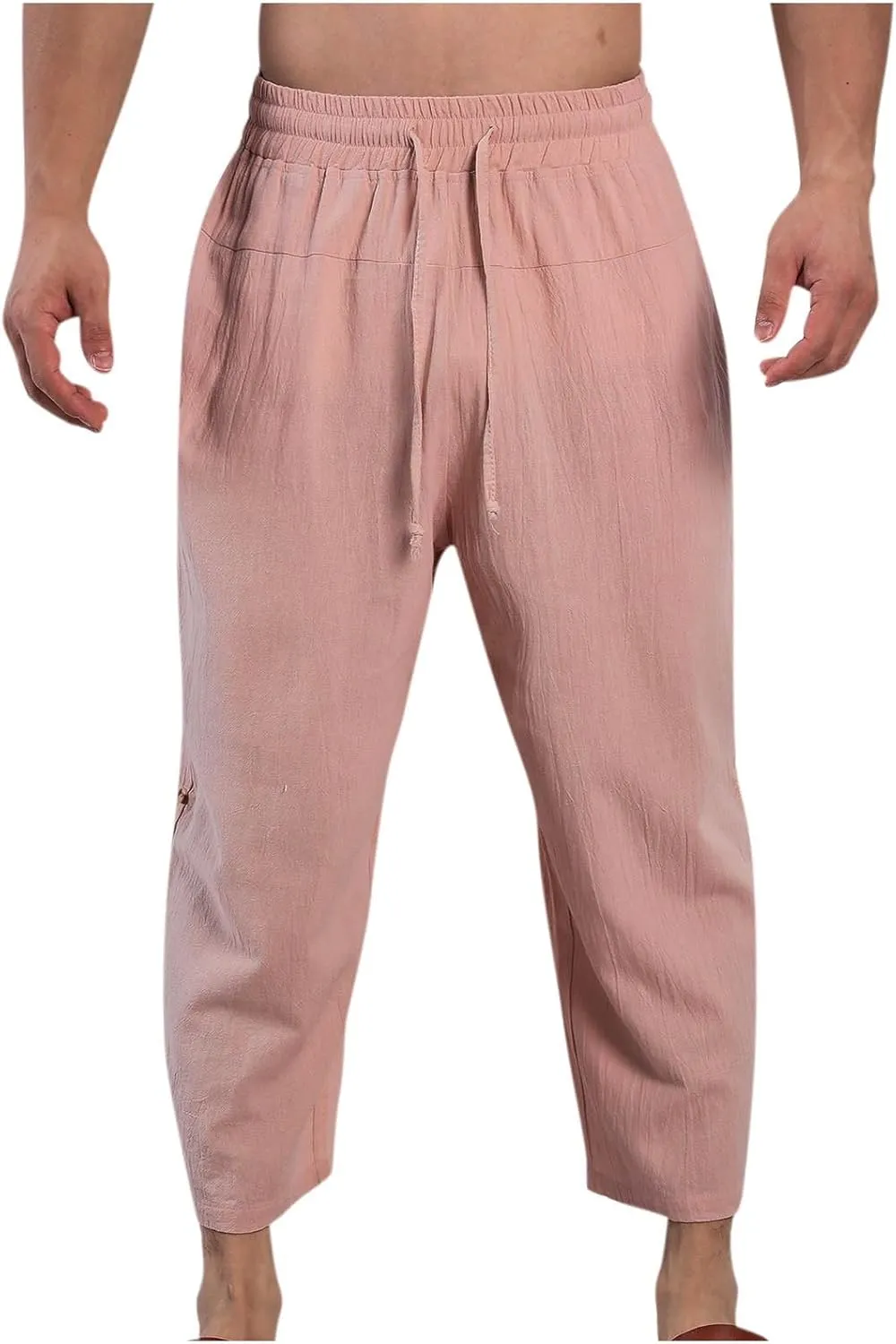 Mens Cotton Linen Drawstring Elastic Waist Casual Jogger Yoga Pants Slim Fit Lounge Cropped Pants Workout Pants