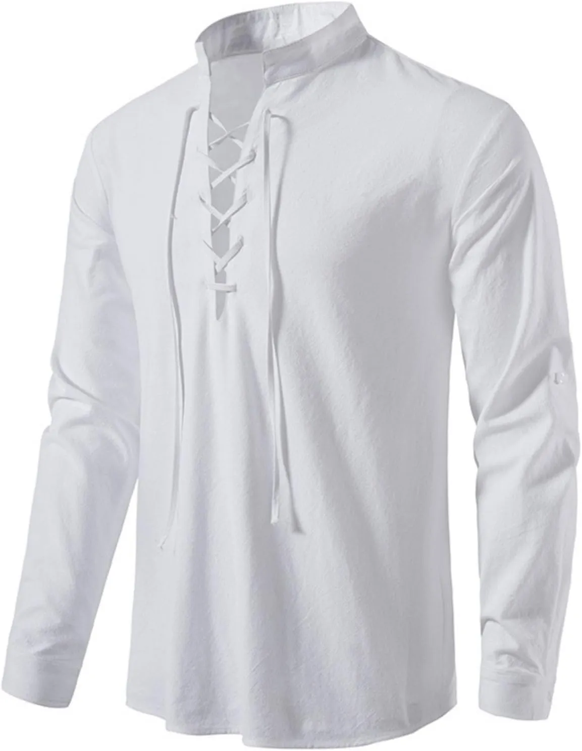 Men's Cotton Linen Lace Up Shirts Pirate Medieval Viking Renaissance Halloween Costume Drawstring Arm Banded Tops