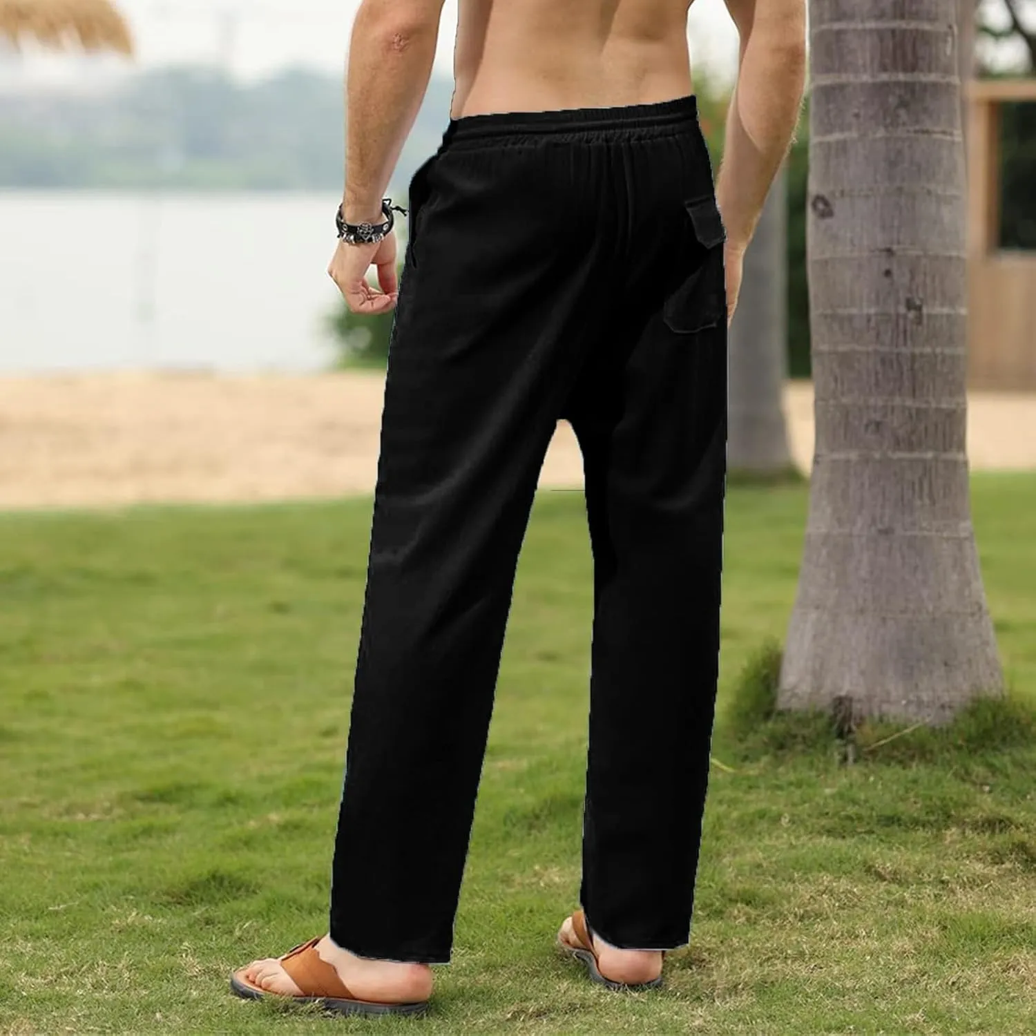 Mens Cotton Linen Pants Casual Slim Fit Solid Straight Joggers Trousers Fashion Lightweight Yoga Summer Beach Pants