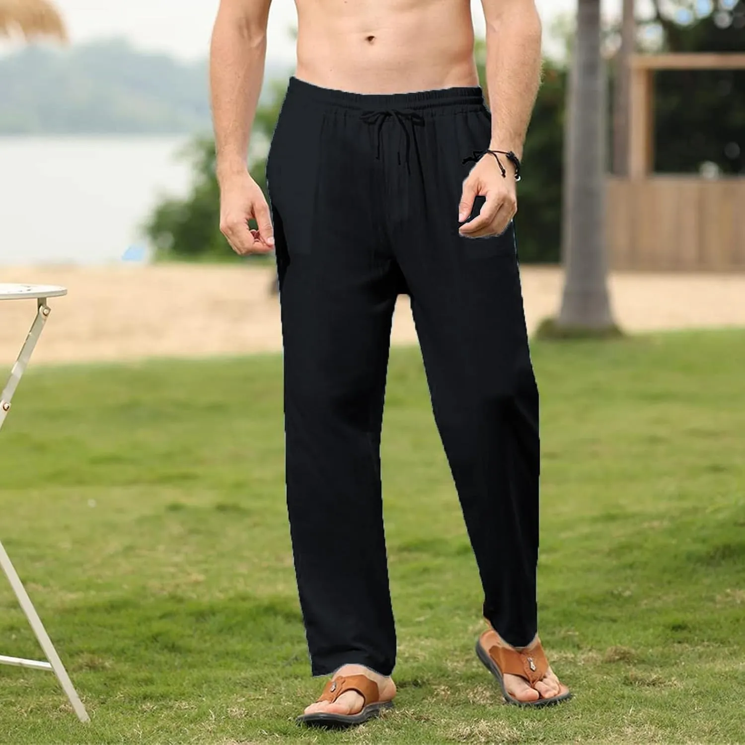 Mens Cotton Linen Pants Casual Slim Fit Solid Straight Joggers Trousers Fashion Lightweight Yoga Summer Beach Pants