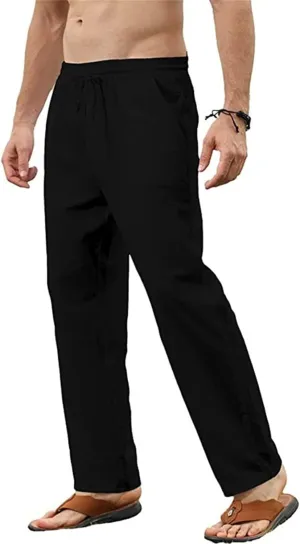 Mens Cotton Linen Pants Casual Slim Fit Solid Straight Joggers Trousers Fashion Lightweight Yoga Summer Beach Pants