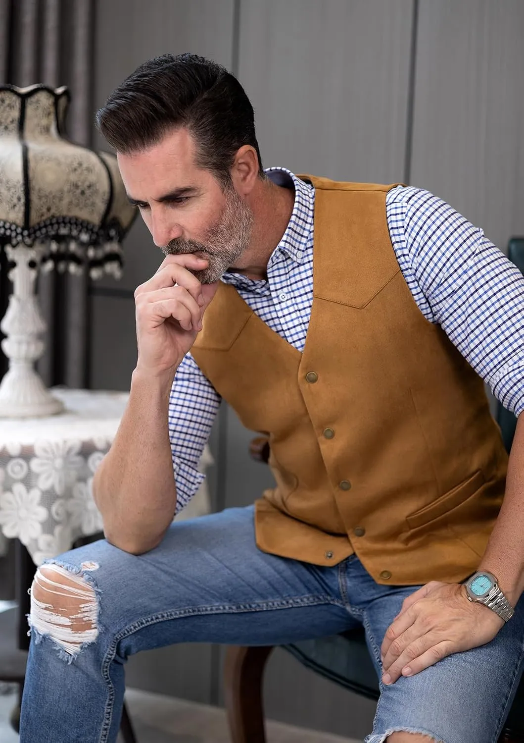 Men's Cowboy Suede Leather Vest Western Vest Cowhide Suede Waistcoat Men Vests