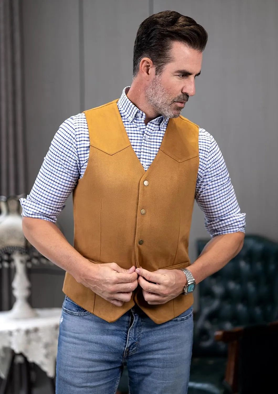 Men's Cowboy Suede Leather Vest Western Vest Cowhide Suede Waistcoat Men Vests