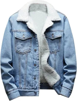 Men's Denim Jacket Sherpa Fleece Lined Jean Jackets Winter Warm Trucker Coat Lapel Cowboy Thicken Outerwear