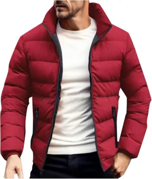 Mens Down Winter Coats Warm Puffer Jacket Stand Collar Cotton Padded Waterproof Outerwear with Zipper Pockets