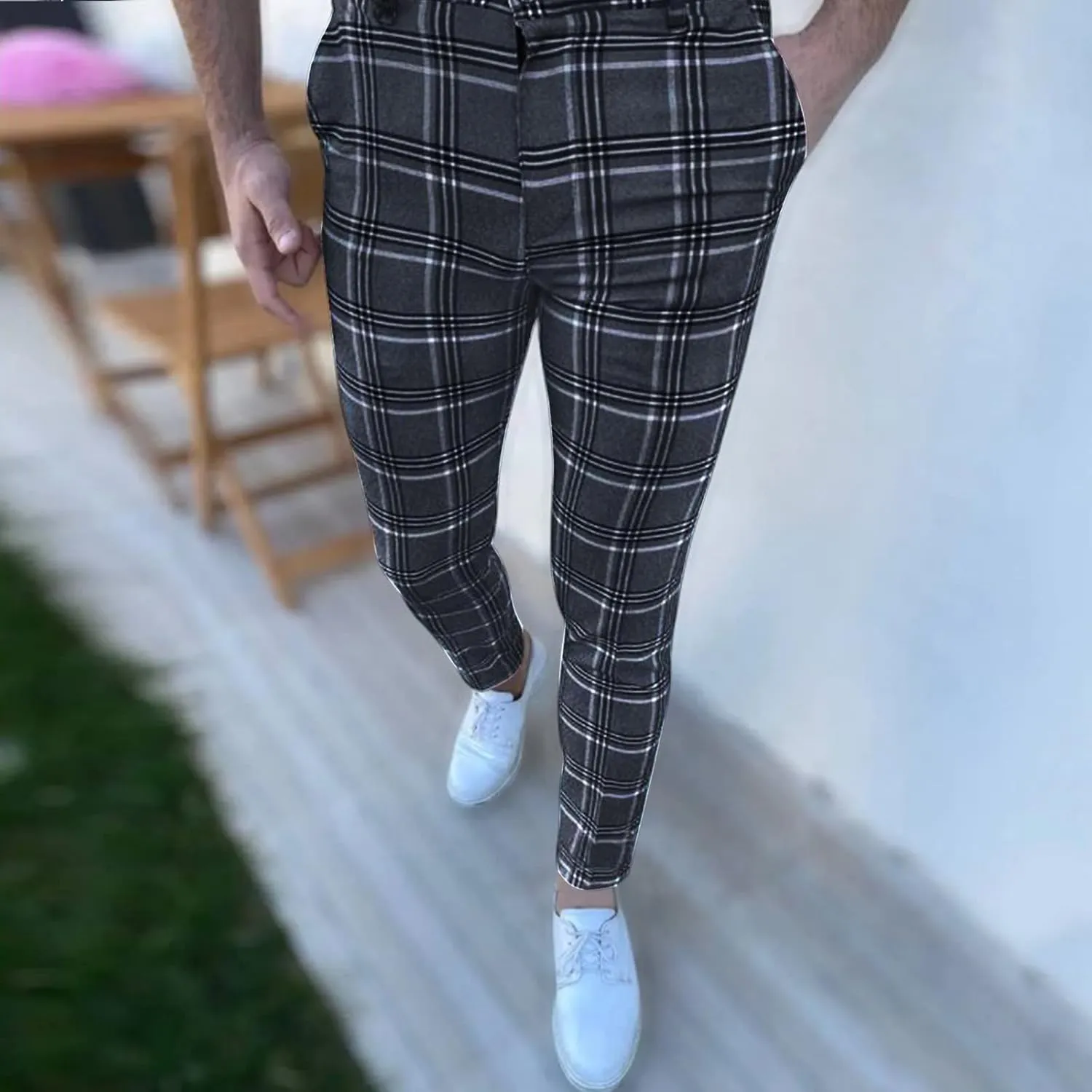 Mens Fashion Plaid Chinos Slim Fit Stretchy Flat-Front Skinny Dress Pencil Pants for Casual Business Golf Work