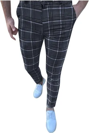 Mens Fashion Plaid Chinos Slim Fit Stretchy Flat-Front Skinny Dress Pencil Pants for Casual Business Golf Work