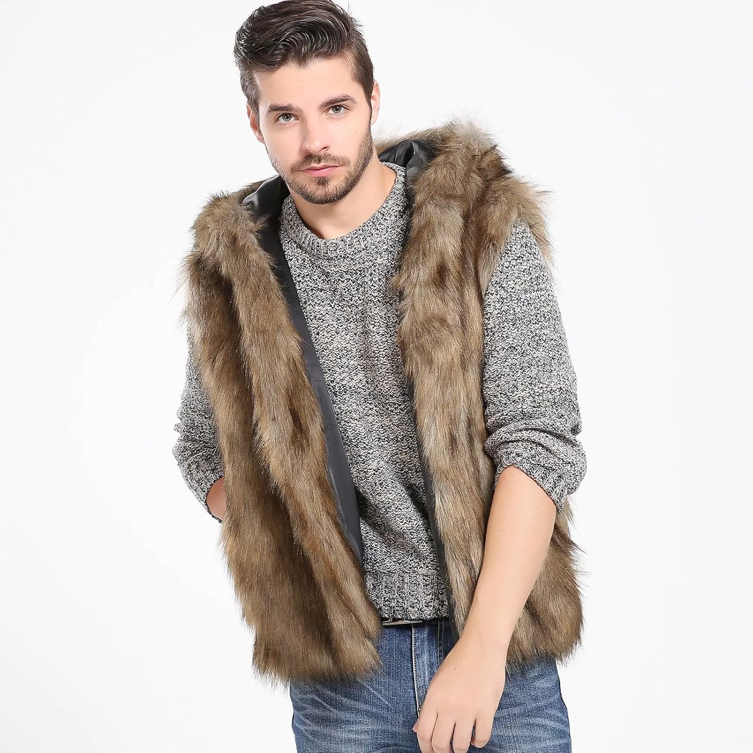 Mens Faux Fur Sleeveless Vest Cute Winter Jacket Fuzzy Sleeveless Jacket Warm Fleece Vest Fleece Open Front Cardigan
