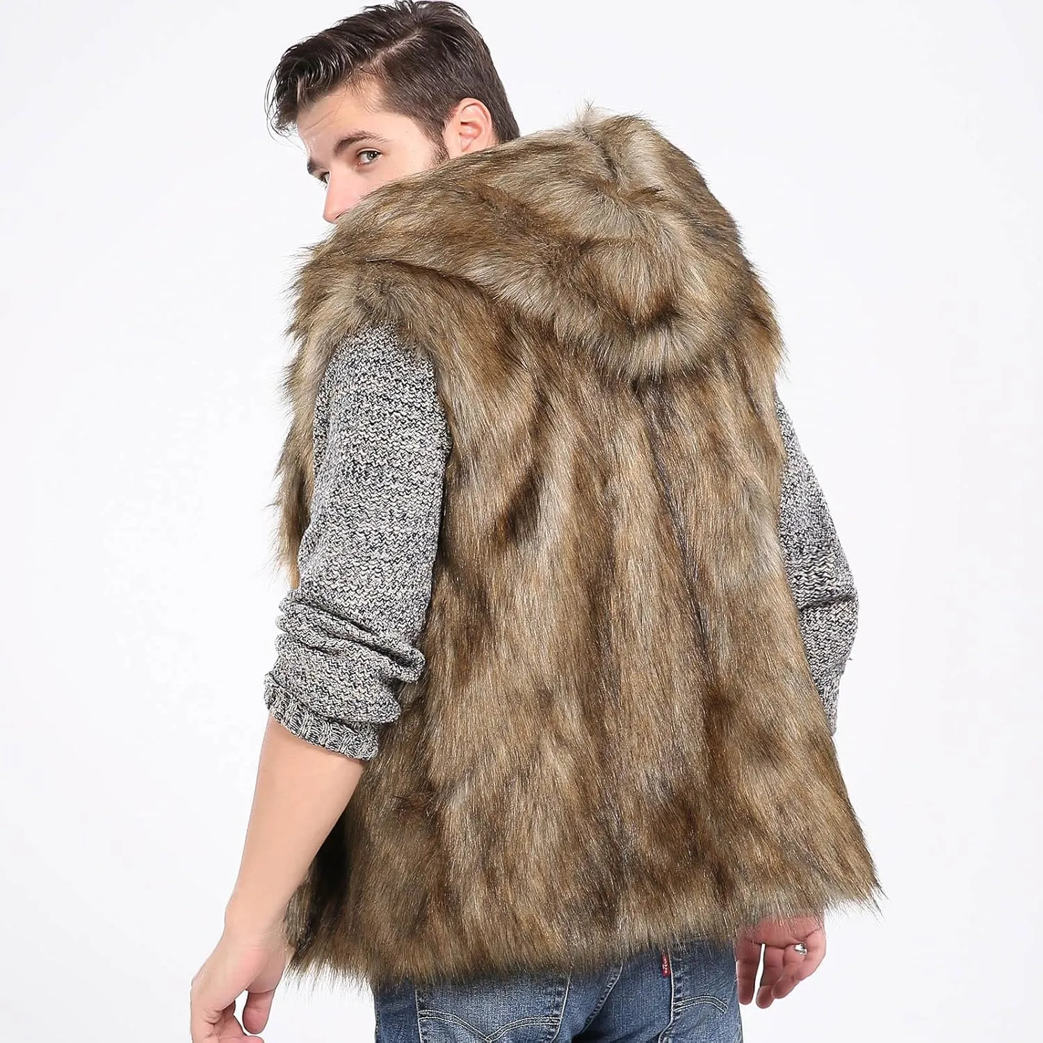 Mens Faux Fur Sleeveless Vest Cute Winter Jacket Fuzzy Sleeveless Jacket Warm Fleece Vest Fleece Open Front Cardigan