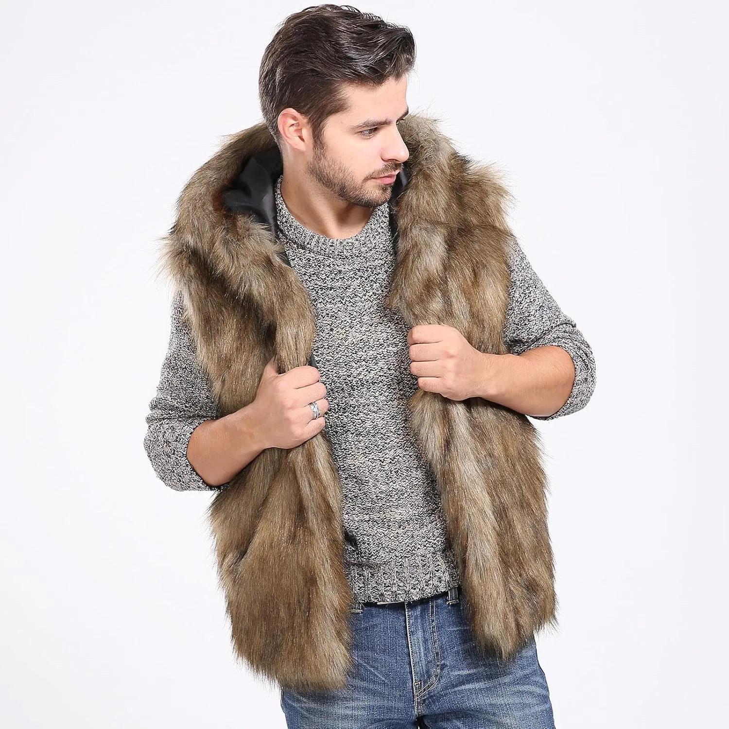 Mens Faux Fur Sleeveless Vest Cute Winter Jacket Fuzzy Sleeveless Jacket Warm Fleece Vest Fleece Open Front Cardigan