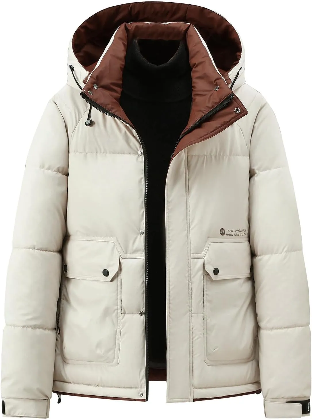Mens Hooded Puffer Jacket Waterproof Down Coats Winter Warm Cotton Padded Bubble Coat with Flap Pockets