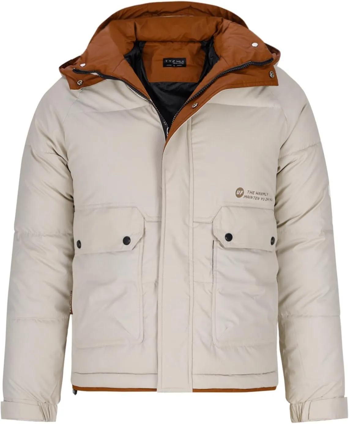Mens Hooded Puffer Jacket Waterproof Down Coats Winter Warm Cotton Padded Bubble Coat with Flap Pockets