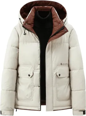 Mens Hooded Puffer Jacket Waterproof Down Coats Winter Warm Cotton Padded Bubble Coat with Flap Pockets