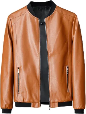 Men's Leather Jacket Stand Collar Faux Biker Vintage Motorcycle Outwear Long Sleeve Waterproof Distressed Zip Jackets